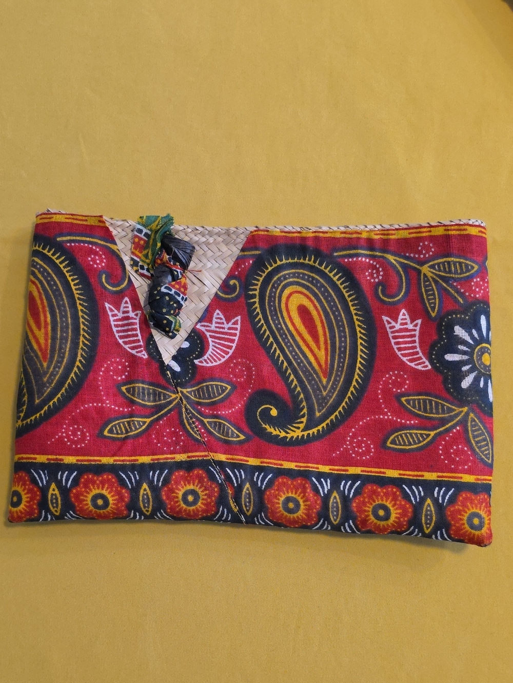 Vintage Saree Fabric Clutch • Bohemian Style • Woven Straw Interior